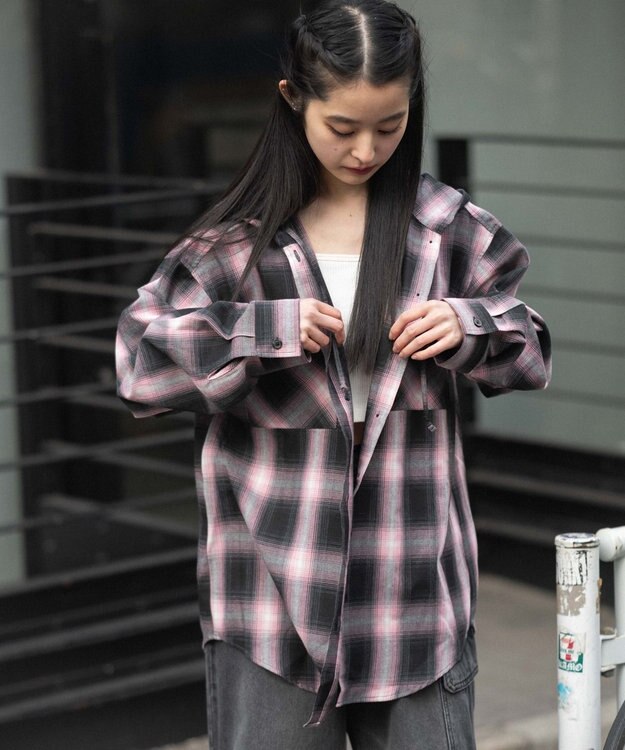 WEGO フードチェックシャツ ピンク