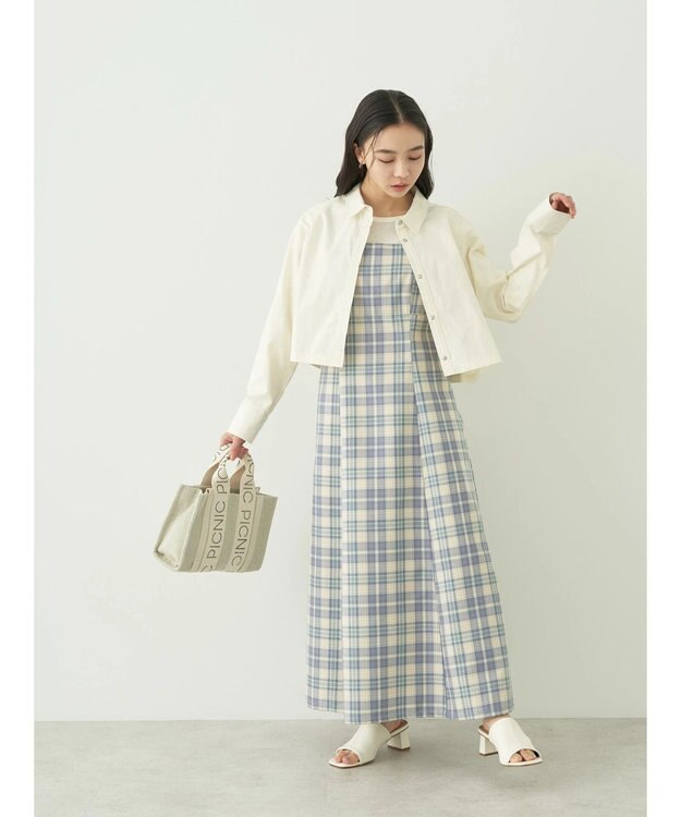 earth music&ecology ＣＨＥＣＫハイウエストフレアジャンスカ Check Blue