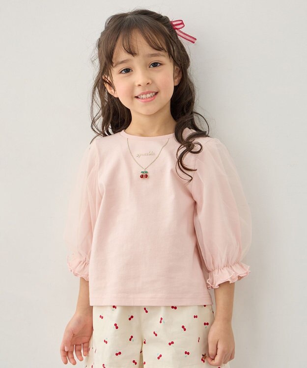 ANY KIDS チュール袖 七分Tシャツ ピンク