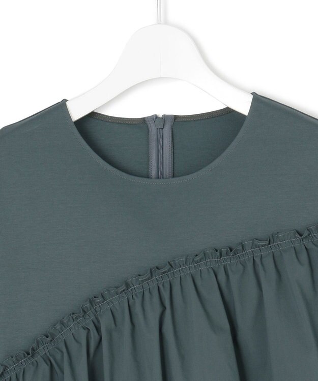 23区 【汗じみ防止/洗える】ランダムフリルジャージー ドッキング カットソー ダークグリーン系