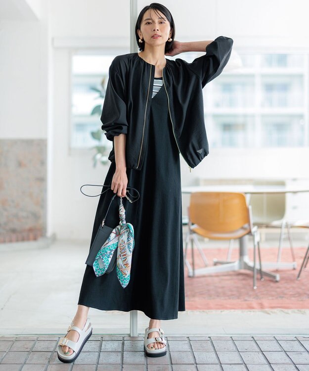 23区 S 【洗える】リネンレーヨンストレッチ キャミソール ワンピース ブラック系