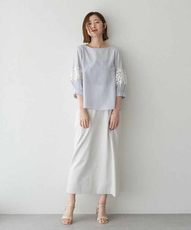 YECCA VECCA ストライプ柄レース切替ブラウス Off White