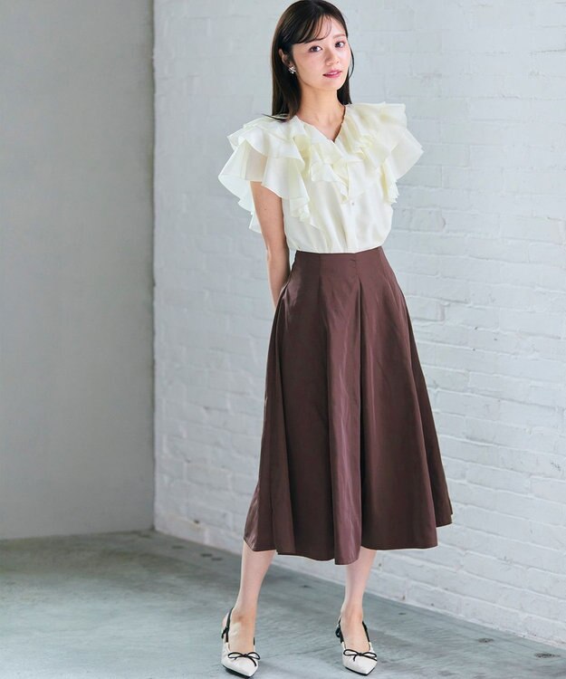 Feroux 【洗える】タフタフレア スカート ダークブラウン系