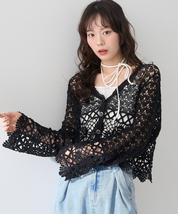 earth music&ecology クロシェ風Ｖネックカーディガン Black