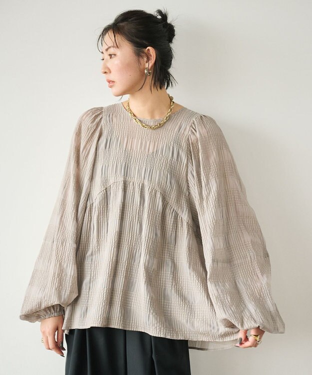 #Newans シアーチェックボリュームブラウス ベージュ