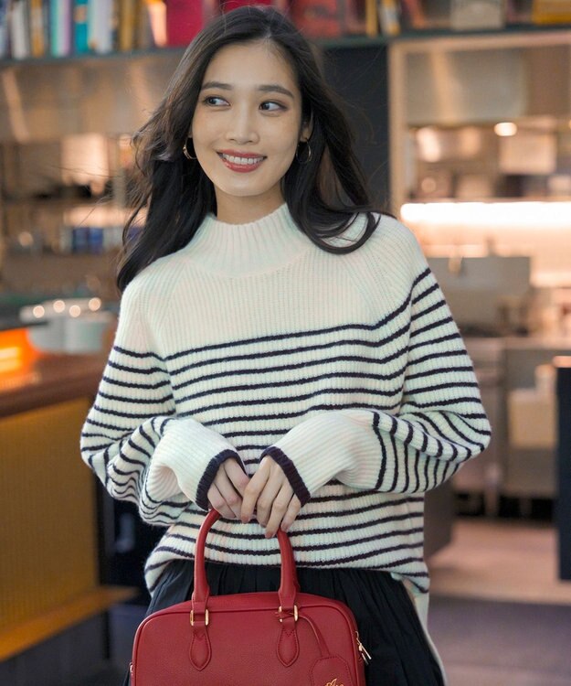 ANY SIS L ハイネックAir ニット アイボリー×ネイビー