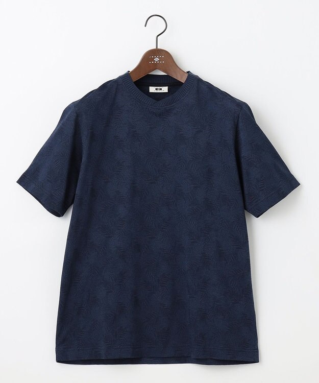 JOSEPH ABBOUD 【キングサイズ・吸水速乾】リーフ柄ジャガード クルーネック Tシャツ ネイビー系