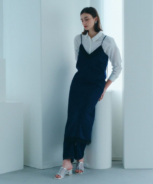 YECCA VECCA ストライプ柄レースMIXキャミワンピース Navy