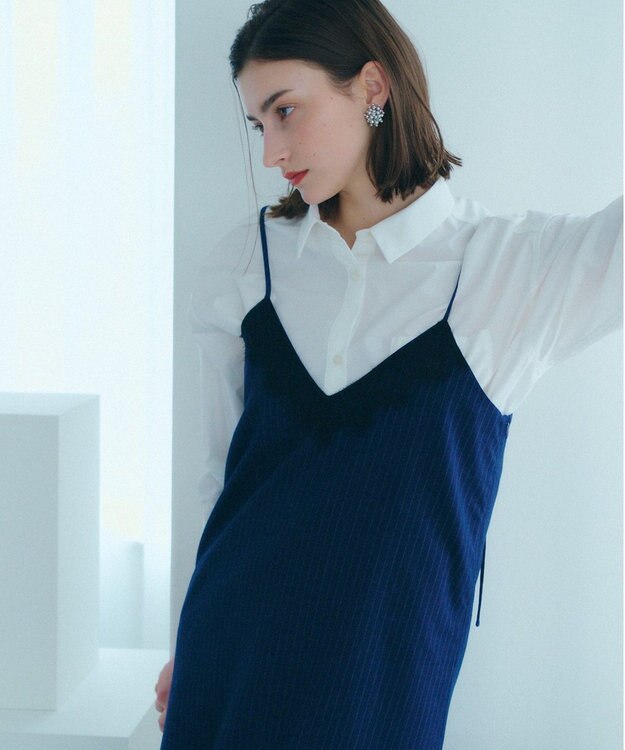 YECCA VECCA ストライプ柄レースMIXキャミワンピース Navy