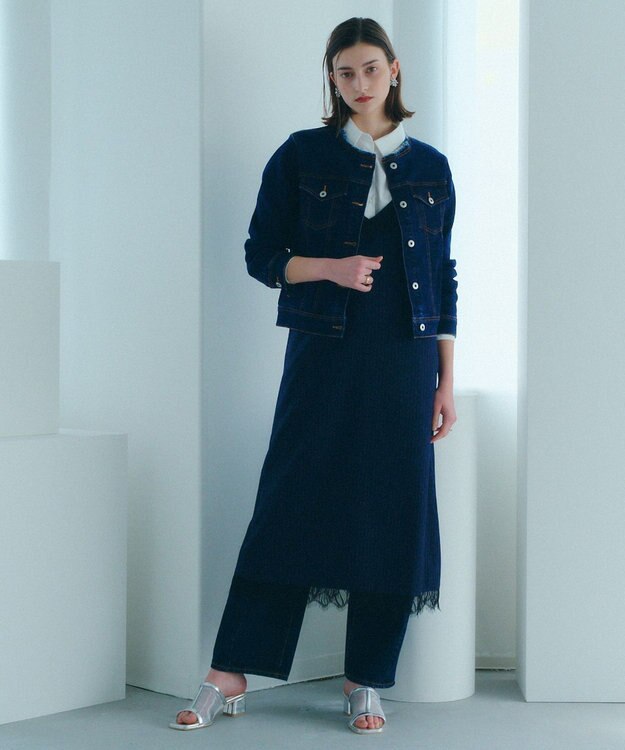 YECCA VECCA ストライプ柄レースMIXキャミワンピース Navy