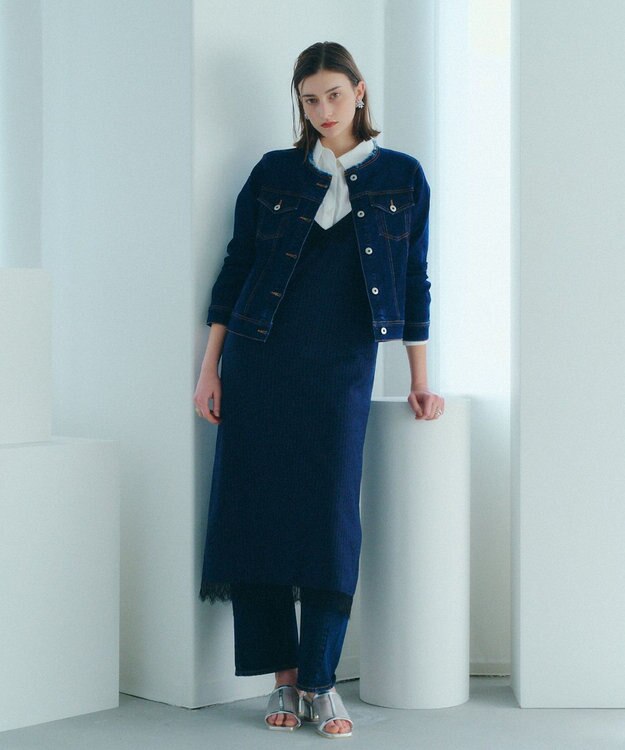 YECCA VECCA ストライプ柄レースMIXキャミワンピース Navy