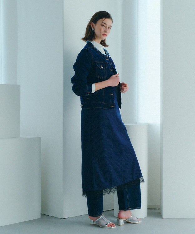 YECCA VECCA ストライプ柄レースMIXキャミワンピース Navy