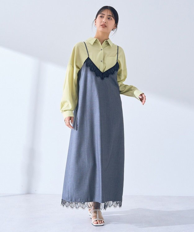 YECCA VECCA ストライプ柄レースMIXキャミワンピース Gray