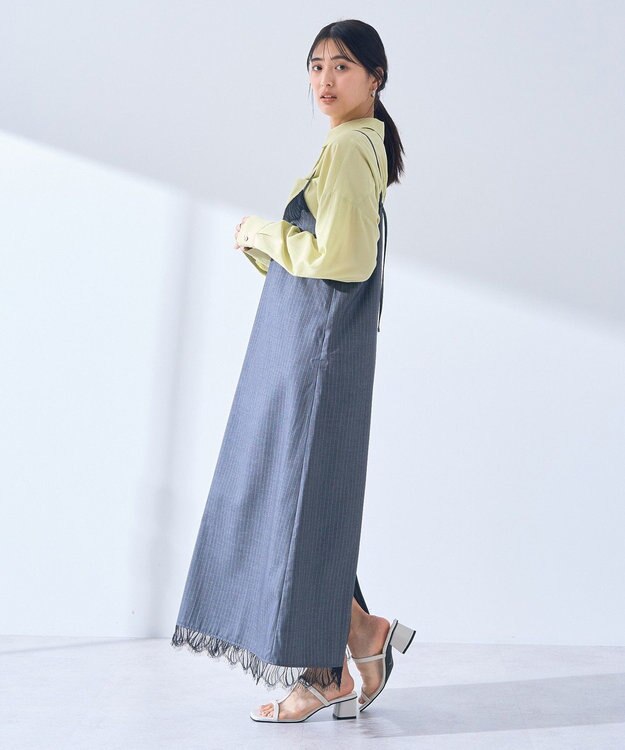 YECCA VECCA ストライプ柄レースMIXキャミワンピース Gray