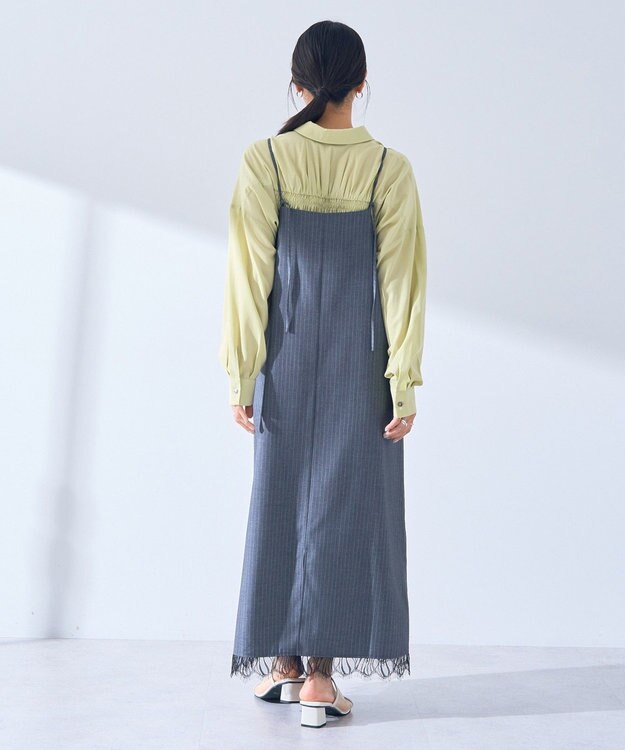 YECCA VECCA ストライプ柄レースMIXキャミワンピース Gray