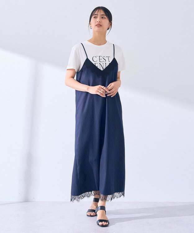 YECCA VECCA ストライプ柄レースMIXキャミワンピース Navy