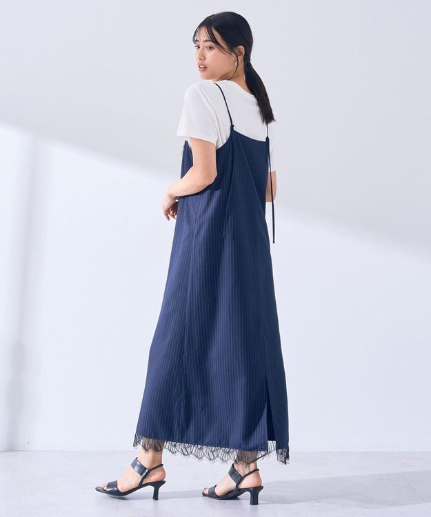 YECCA VECCA ストライプ柄レースMIXキャミワンピース Navy