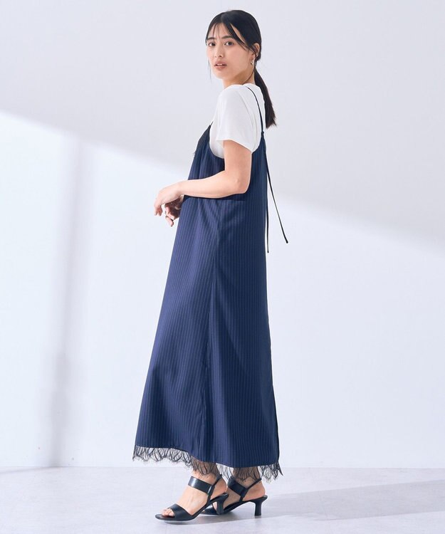 YECCA VECCA ストライプ柄レースMIXキャミワンピース Navy