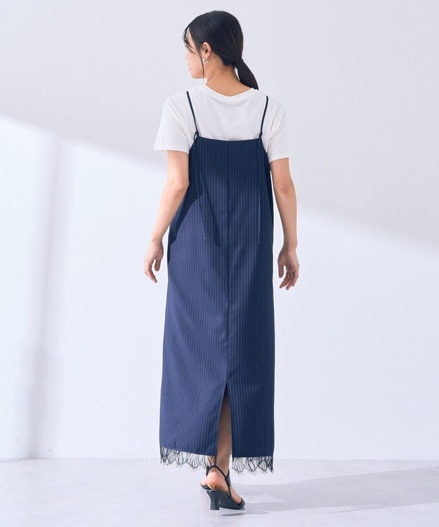 YECCA VECCA ストライプ柄レースMIXキャミワンピース Navy