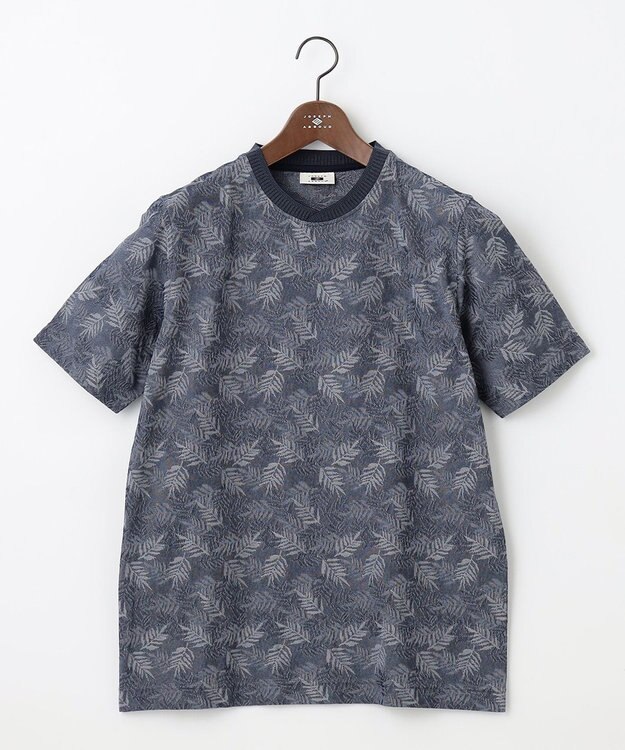 JOSEPH ABBOUD 【キングサイズ・吸水速乾】リーフ柄ジャガード クルーネック Tシャツ ダルブルー系