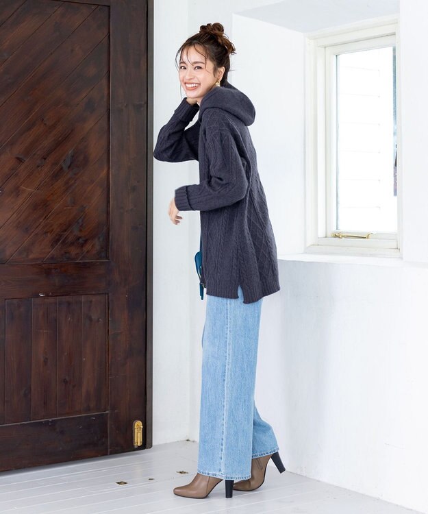 Tiaclasse 【洗える】アラン柄ニットパーカーチュニック ネイビー