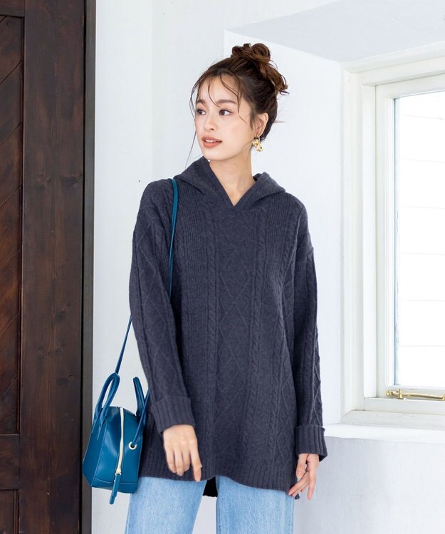 Tiaclasse 【洗える】アラン柄ニットパーカーチュニック ネイビー