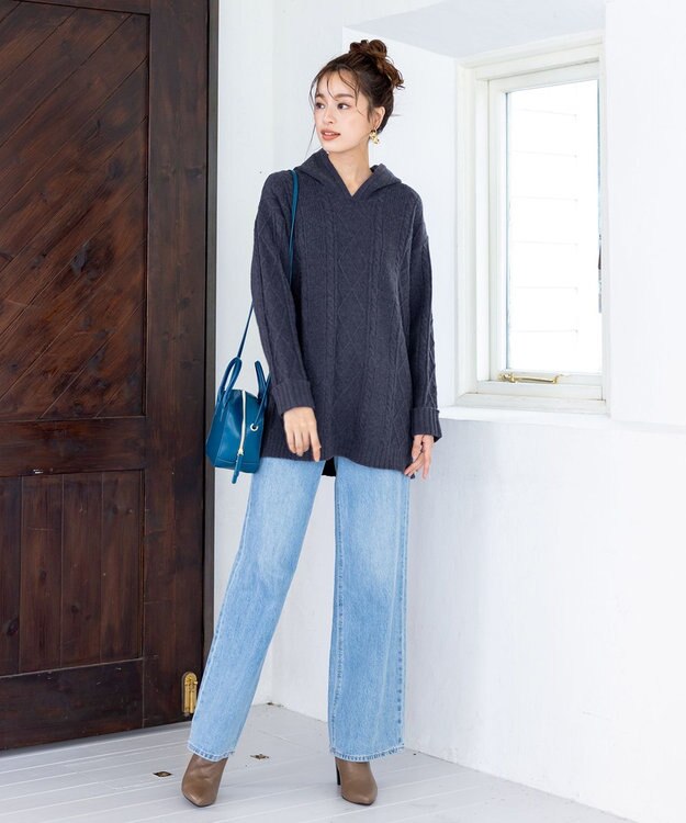 Tiaclasse 【洗える】アラン柄ニットパーカーチュニック ネイビー