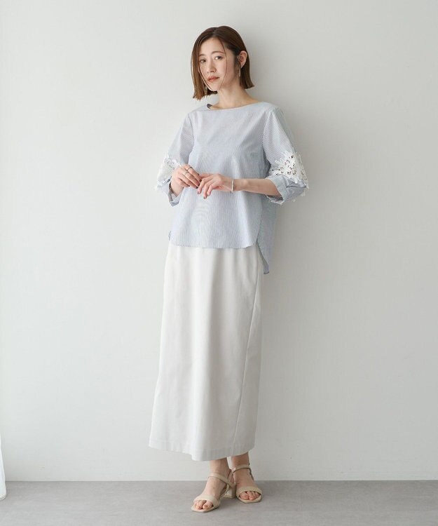 YECCA VECCA ストライプ柄レース切替ブラウス Off White
