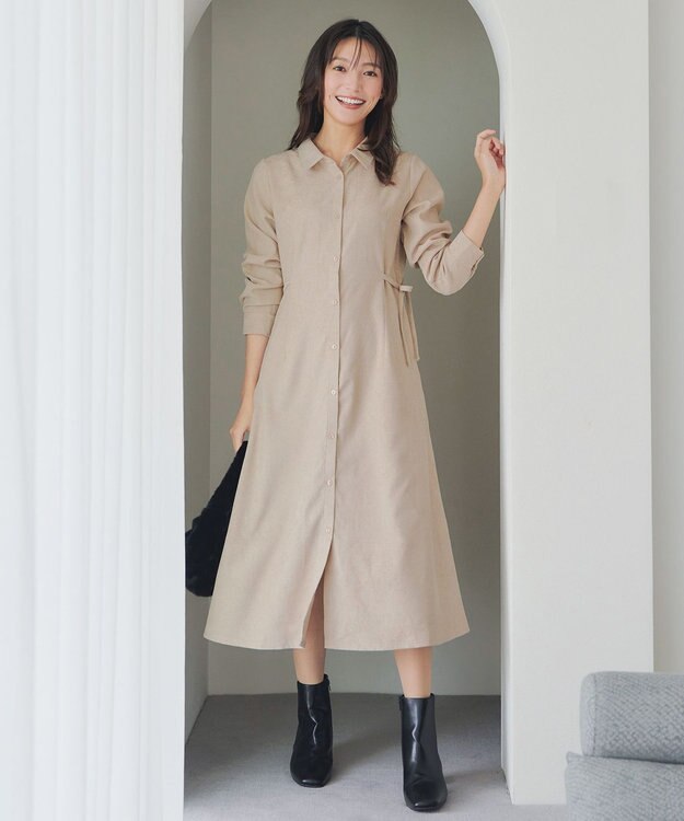 Tiaclasse L 【洗える】コーデュロイサイドリボンワンピース ベージュ