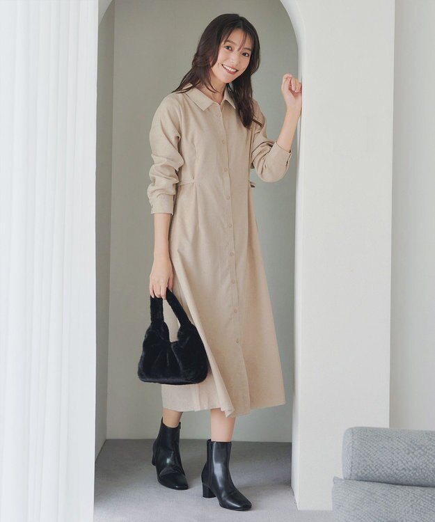 Tiaclasse L 【洗える】コーデュロイサイドリボンワンピース ベージュ