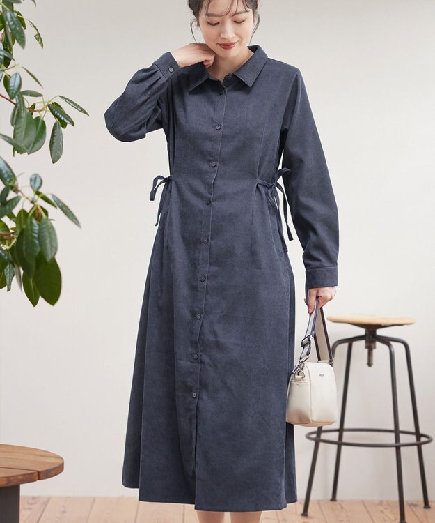 Tiaclasse L 【洗える】コーデュロイサイドリボンワンピース チャコールグレー