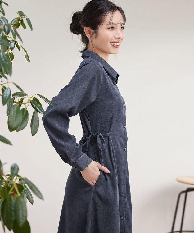 Tiaclasse L 【洗える】コーデュロイサイドリボンワンピース チャコールグレー