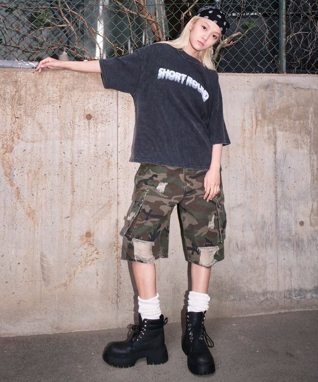 WEGO 【ユニセックス着用ITEM/MLサイズ展開】ブリーチワッフルダメージグラフィックT（SS） スミクロ