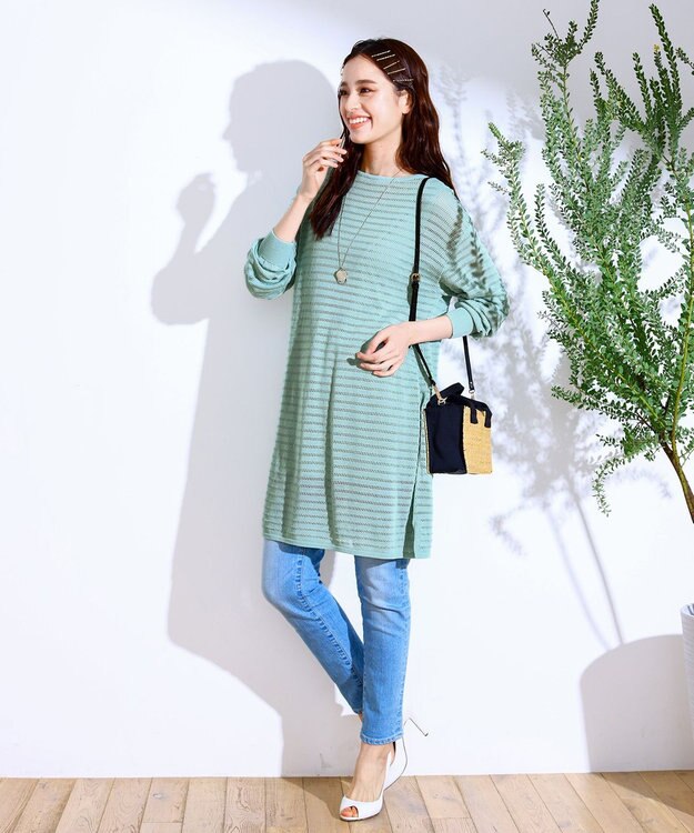 Tiaclasse 【洗える】体型カバーも叶う透け柄編みニットチュニックアンサンブル（2点セット） ミント