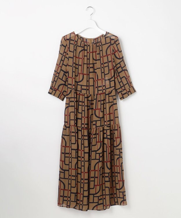 自由区 S ジオメトリックレトロプリント ワンピース ベージュベース