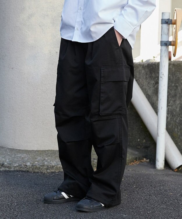 WEGO 【ウエストゴム/SMLサイズ展開】イージーワイドカーゴパンツ ブラック
