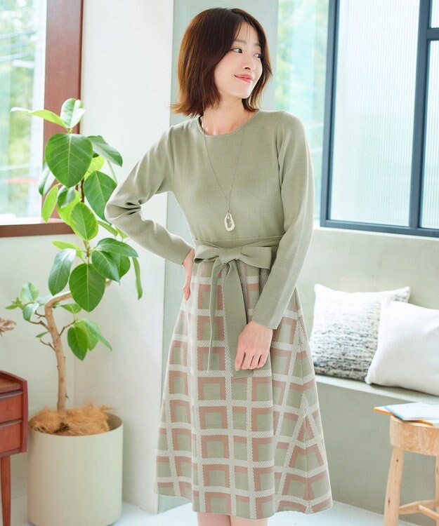 Tiaclasse 【洗える】リボンベルト付きチェック柄ニットワンピース ミント