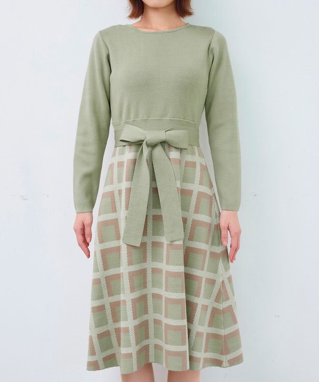 Tiaclasse 【洗える】リボンベルト付きチェック柄ニットワンピース ミント