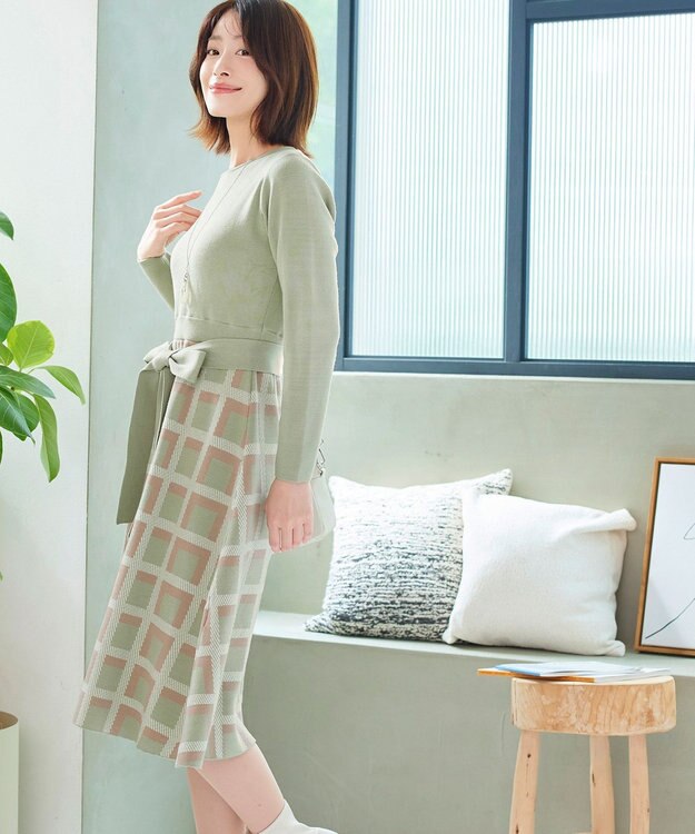 Tiaclasse 【洗える】リボンベルト付きチェック柄ニットワンピース ミント