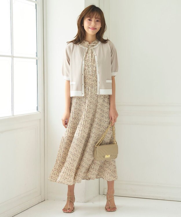 Feroux 【洗える】バイカラーハーフスリーブ カーディガン ベージュ系