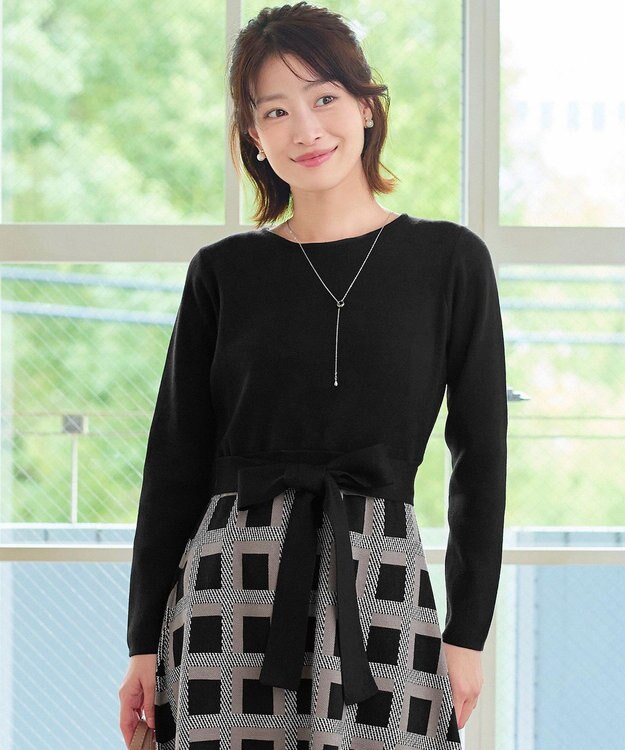 Tiaclasse 【洗える】リボンベルト付きチェック柄ニットワンピース ブラック