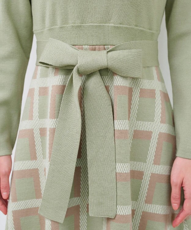 Tiaclasse 【洗える】リボンベルト付きチェック柄ニットワンピース ミント