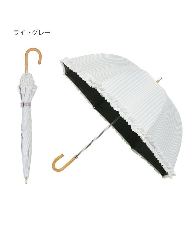 MOONBAT 【遮光/晴雨兼用日傘】LANVIN en Bleu (ランバン オン ブルー)ドビーフリル ハート 遮熱 UV 長傘 ライトグレー（ストライプ）