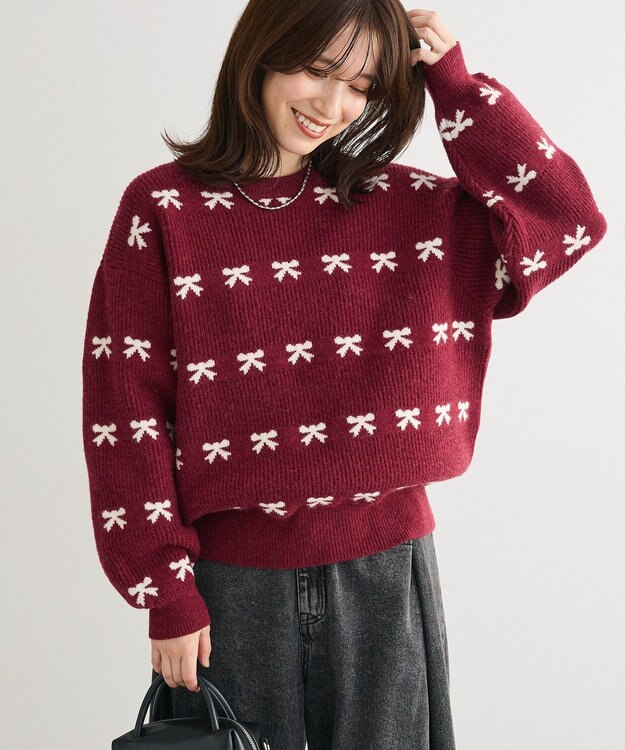 Green Parks ・ｓｗｉｎｇ　ｂｙ　リボンジャカードクルーニット Bordeaux