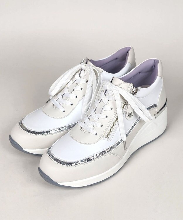 Dominic3 ヒールアップ グリッタートリム サイドジップスニーカー ホワイト