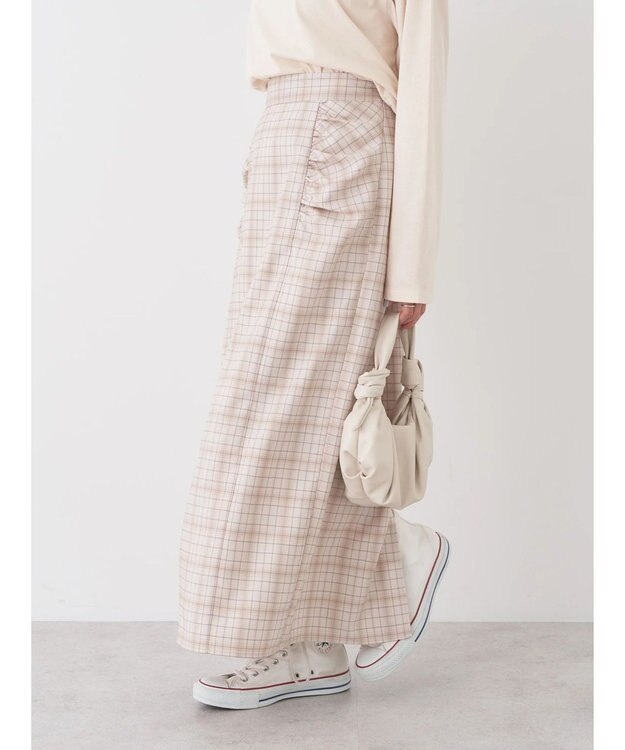 earth music&ecology ギャザーナロースカート Check Beige