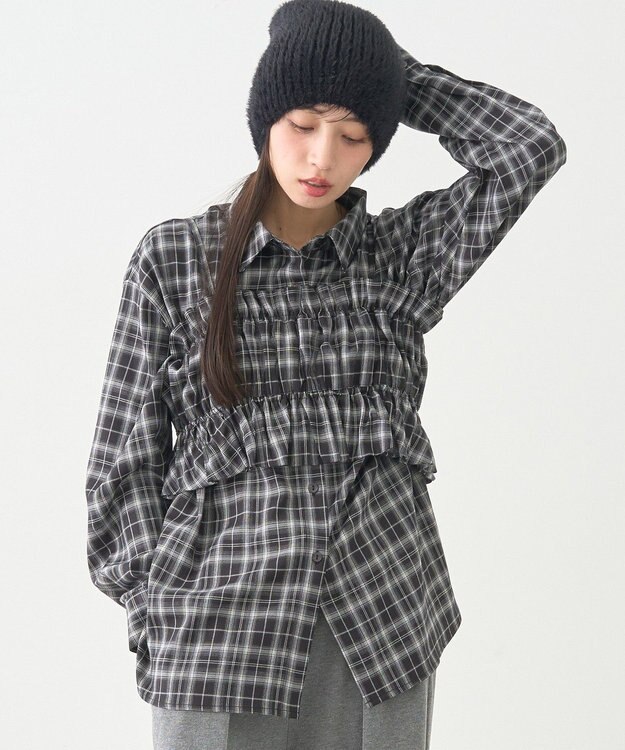 earth music&ecology SET2点チェック柄シャーリングビスチェ＋シャツ Black