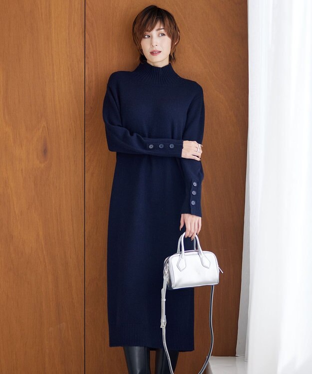 ICB 【WEB限定カラーあり・洗える】 ソフトカシミヤミックス ハイネックワンピース ネイビー系