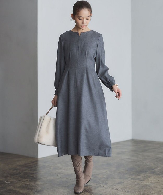 組曲 ウールジョーゼット スリットネックワンピース グレー系