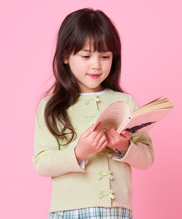 ANY KIDS スナップボタン リボン カーディガン ライム